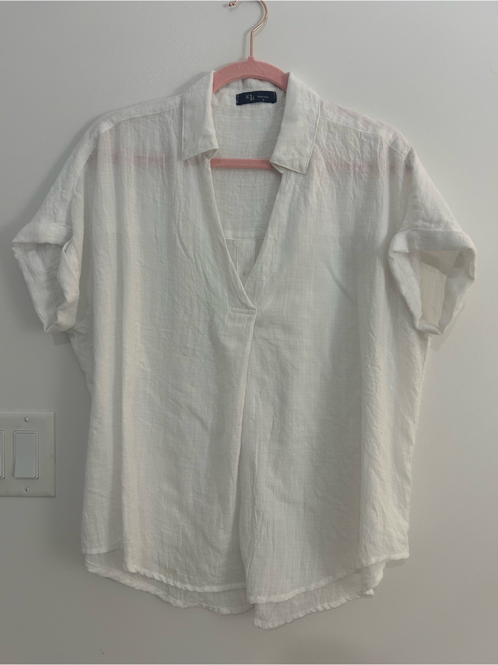 KLD Womens Small White Linen Oversized Popover Shirt Button Back Made in the USA